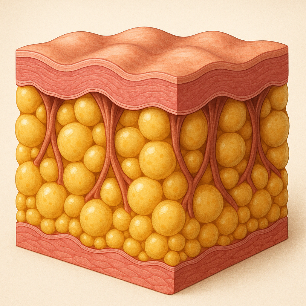 Cross-sectional illustration of skin layers showing fat cells pushing upward, fibrous cords pulling down, and dimpled skin surface indicative of cellulite. Alt: Diagram showing causes of cellulite including fat cells and connective tissue pulling on skin.