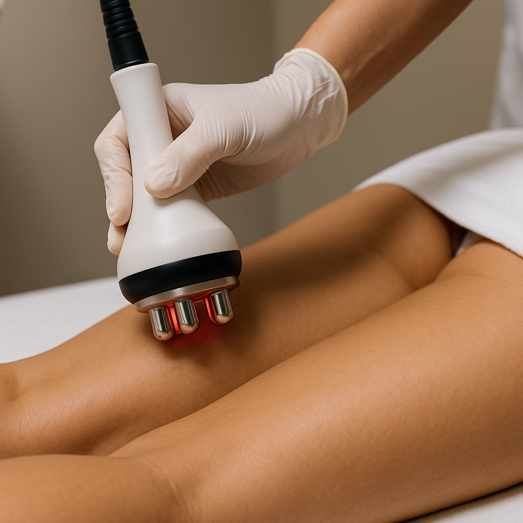 A close-up image of a clinical treatment session showing a hand-held radiofrequency device applied to the thigh to reduce cellulite; Alt: Professional cellulite reduction treatments using radiofrequency on smooth skin.