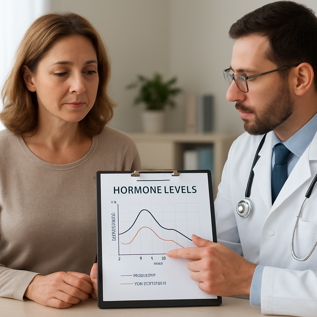A calm woman consulting a doctor about menopause treatment, holding a chart of hormone levels. Alt: Consider medical interventions for menopause belly fat