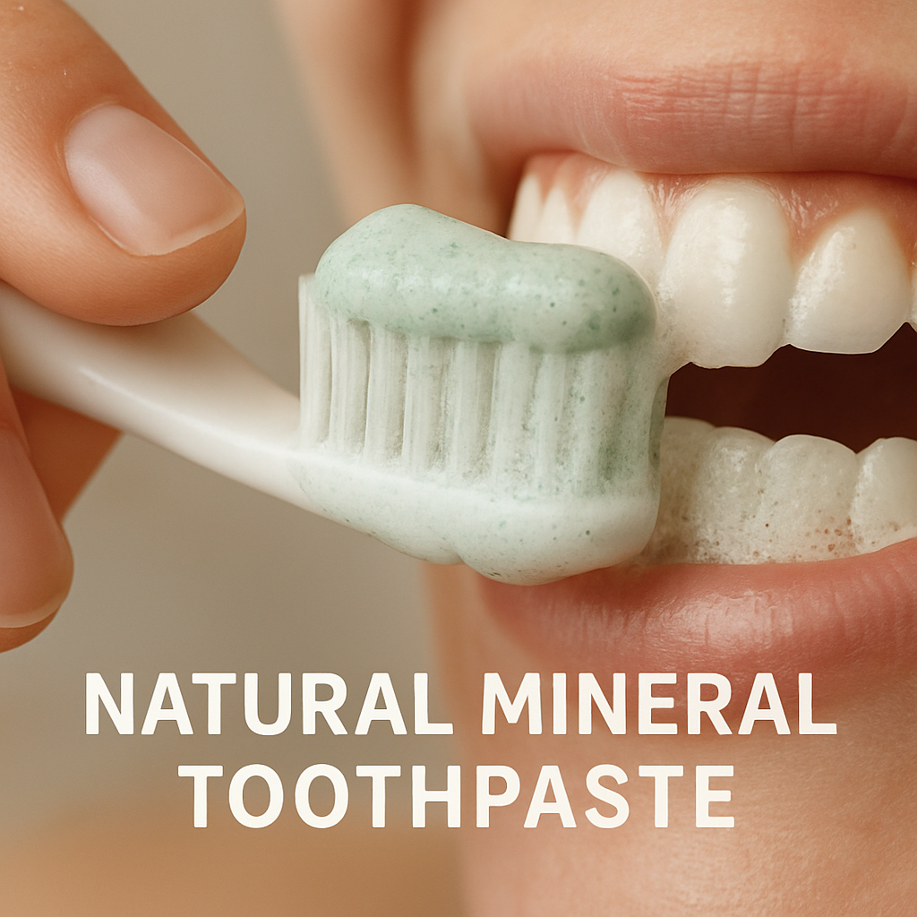 A close‑up of a hand brushing teeth with a natural mineral toothpaste, showing soft bristles and a minty foam. Alt: Natural mineral toothpaste brushing plaque removal