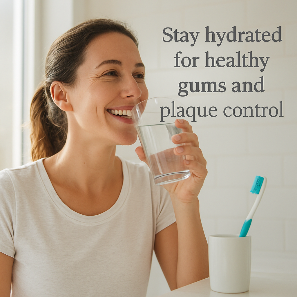 A person drinking water beside a toothbrush on a bathroom counter, smiling, bright morning light. Alt: Stay hydrated for healthy gums and plaque control