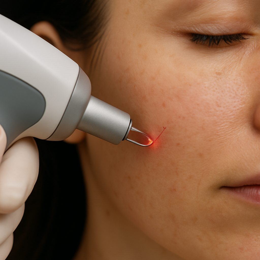A close‑up of a woman's cheek during a pulsed‑dye laser treatment, showing the handheld device aimed at a tiny red vein. Alt: Professional laser therapy for facial spider veins