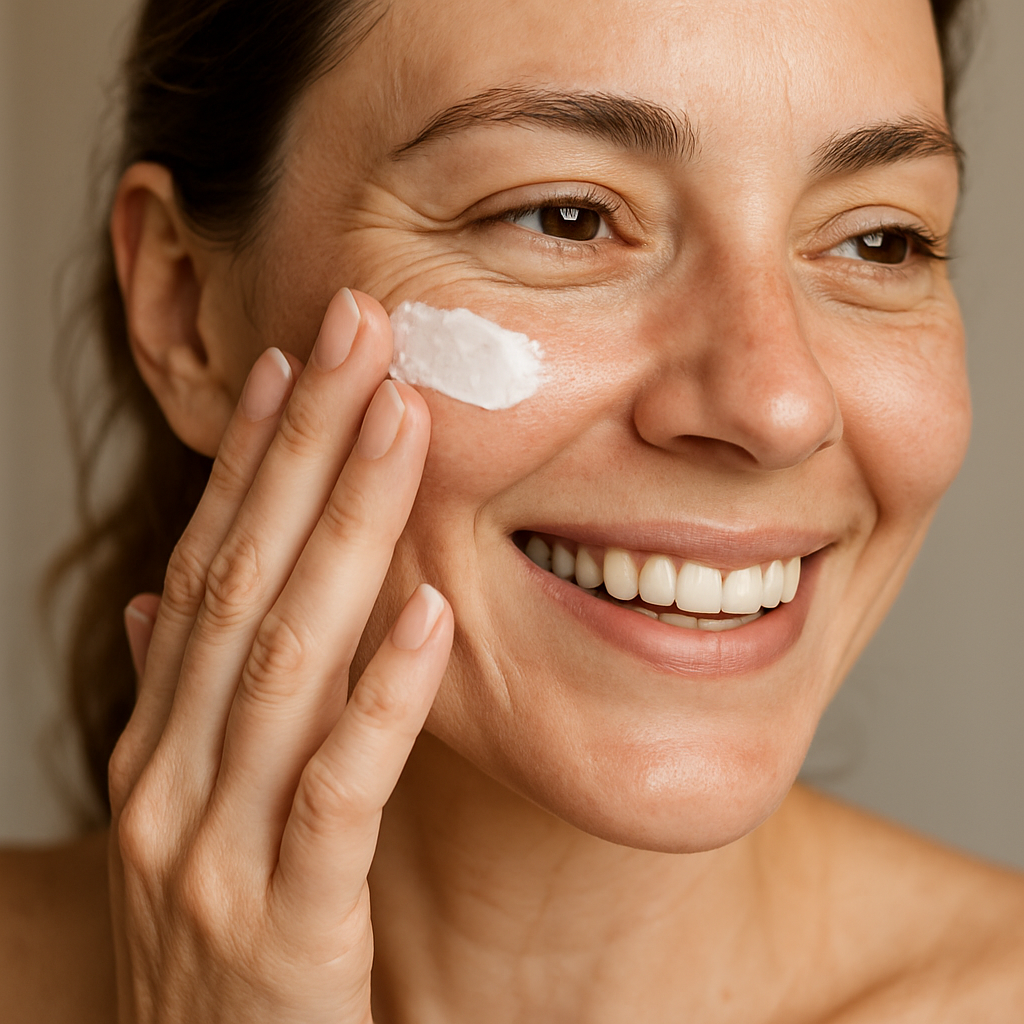 A close-up of a smiling woman applying sunscreen to her cheek, showing healthy skin after lifestyle changes. Alt: lifestyle changes prevention spider veins face