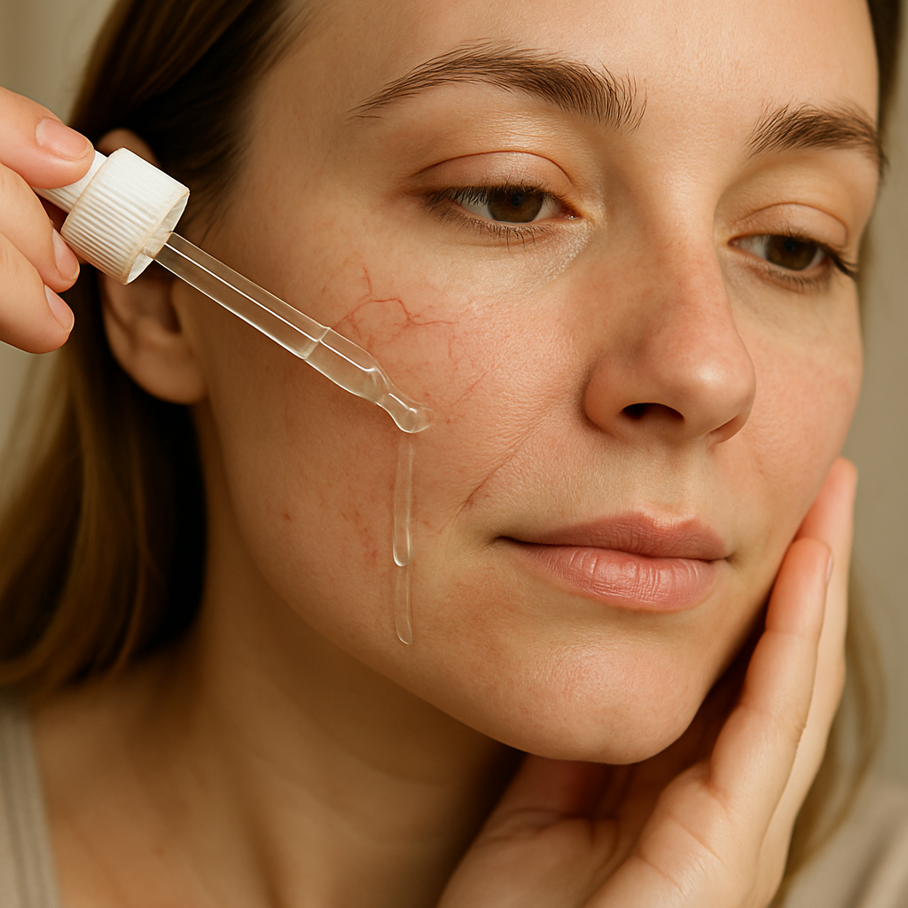 A close‑up of a woman gently applying a light serum to her cheek, with soft natural lighting. Alt: Home skincare routine to help get rid of spider veins on face.