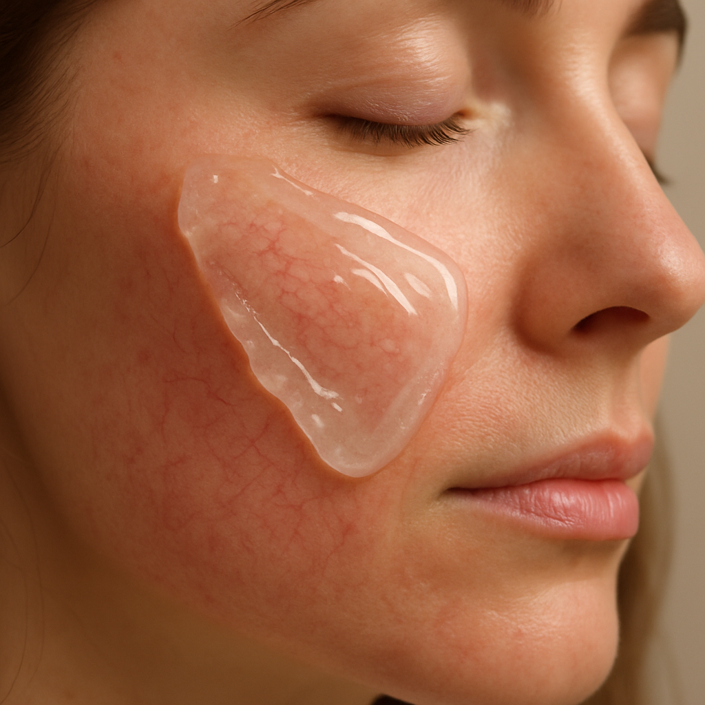 A close‑up of a woman's cheek with a gentle cooling gel applied, soft lighting, showing post‑laser care. Alt: Post‑treatment skin care for facial spider veins