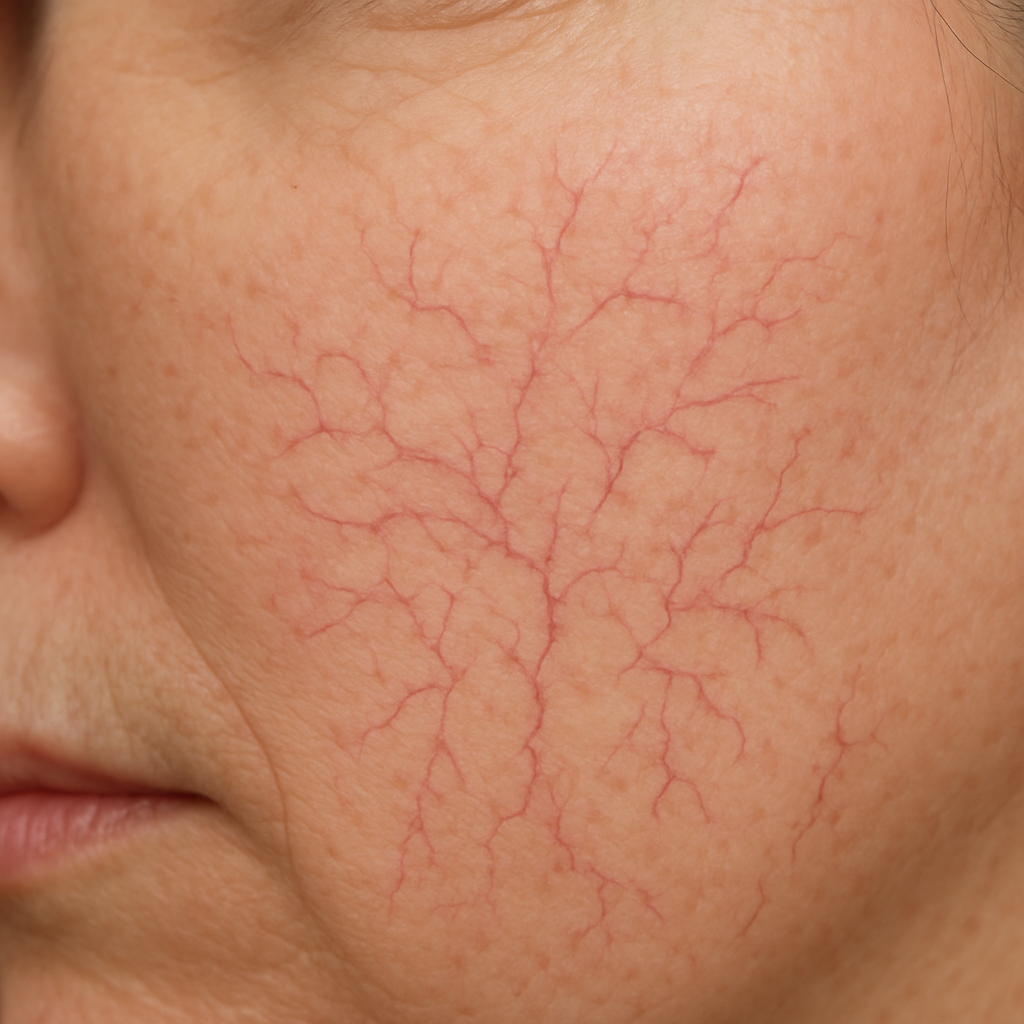 Close-up of facial skin showing tiny red spider veins across the cheek, highlighting typical locations. Alt: Identify facial spider veins causes.