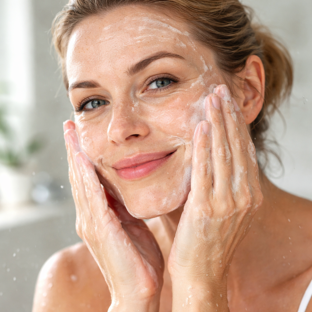 A photorealistic close‑up of a woman in her 40s gently massaging a foaming cleanser onto her face in a bright bathroom, showing clear water droplets and soft lighting. Alt: How to get rid of textured skin on face by cleansing properly.
