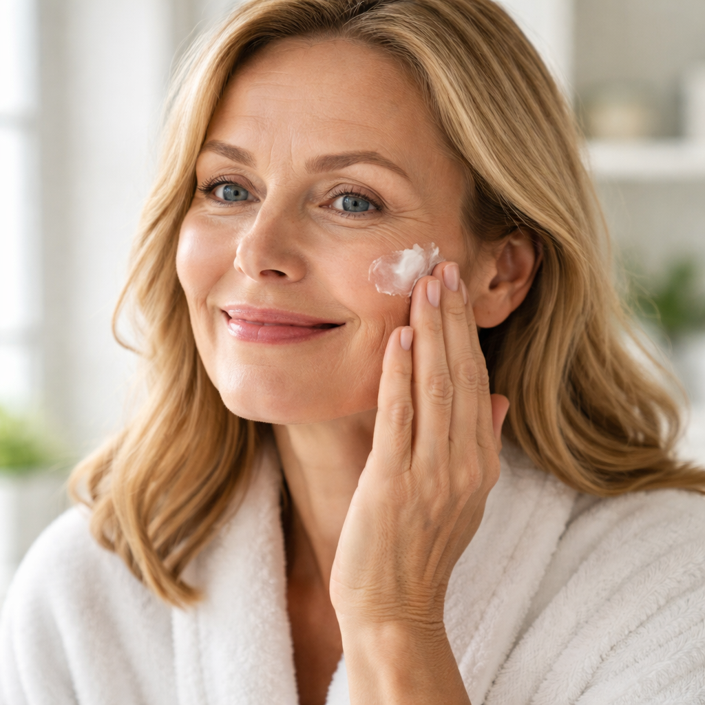 A photorealistic close‑up of a middle‑aged woman in a bright bathroom, gently applying moisturizer to her face, with soft natural light highlighting smooth skin. Alt: Realistic image showing gentle skincare routine for textured skin