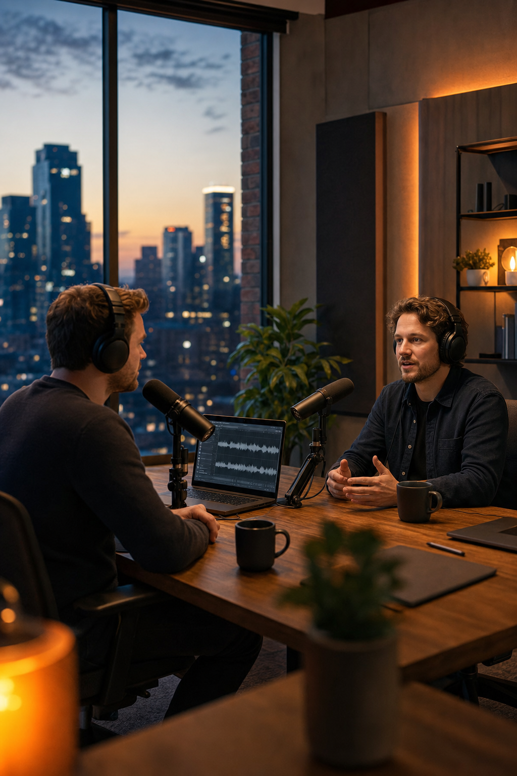 Cinematic wide shot of a professional podcast recording studio with warm orange accent lighting, two microphones on a wooden desk, a laptop open with audio waveforms visible, and a city skyline visible through a large window at dusk. Alt: SaaS podcast host interviewing a bootstrapped SaaS founder in a professional recording studio.