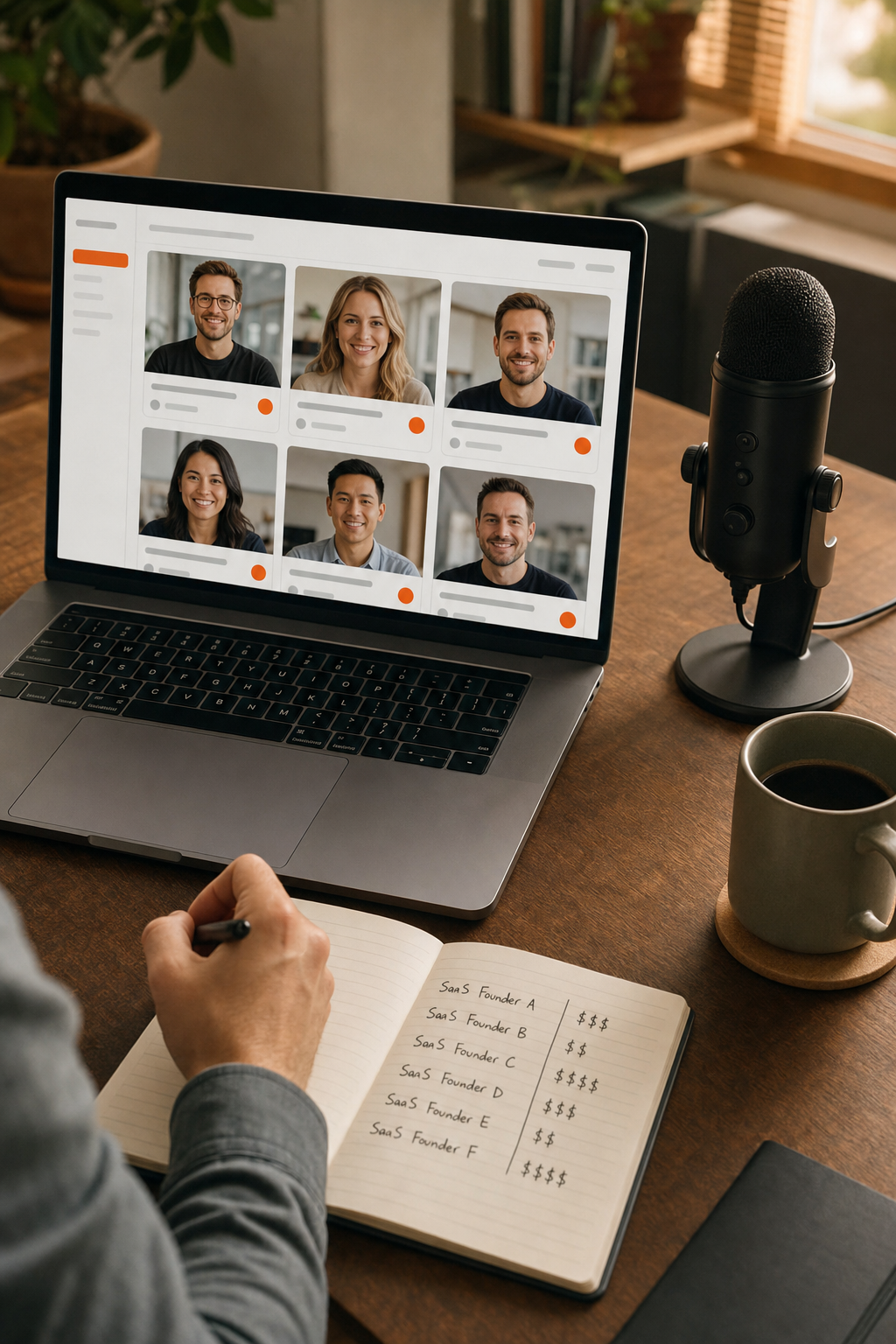 Cinematic overhead shot of a modern desk setup showing a laptop screen with a podcast guest matching platform interface, a notebook with handwritten guest names and revenue figures, and a cup of coffee beside a USB microphone, all lit by warm natural window light. Alt: Podcast host using a guest booking platform to find SaaS founders for interviews.