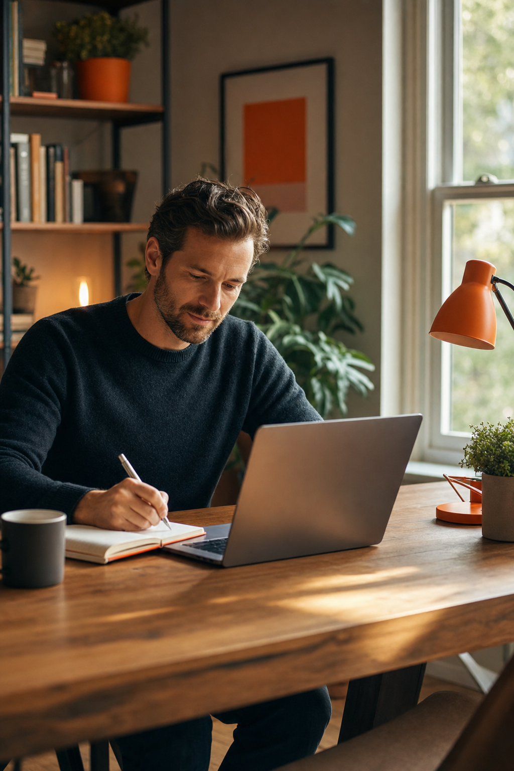 A bootstrapped SaaS founder at a wooden desk, laptop open, writing a personal outreach message to a colleague, warm natural light through a side window, cinematic depth of field, orange accent tones. Alt: SaaS podcast host reaching out to personal network contacts for podcast guests.