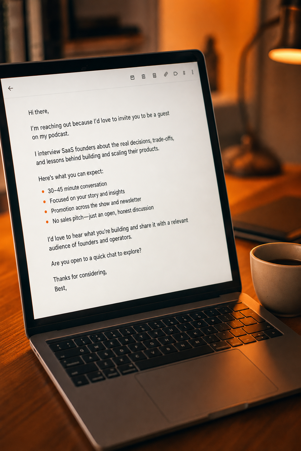 Close-up of a laptop screen showing a short, well-structured email pitch to a SaaS founder, coffee cup beside the keyboard, cinematic warm orange lighting, shallow depth of field. Alt: Crafting a short podcast guest pitch email to a SaaS founder.