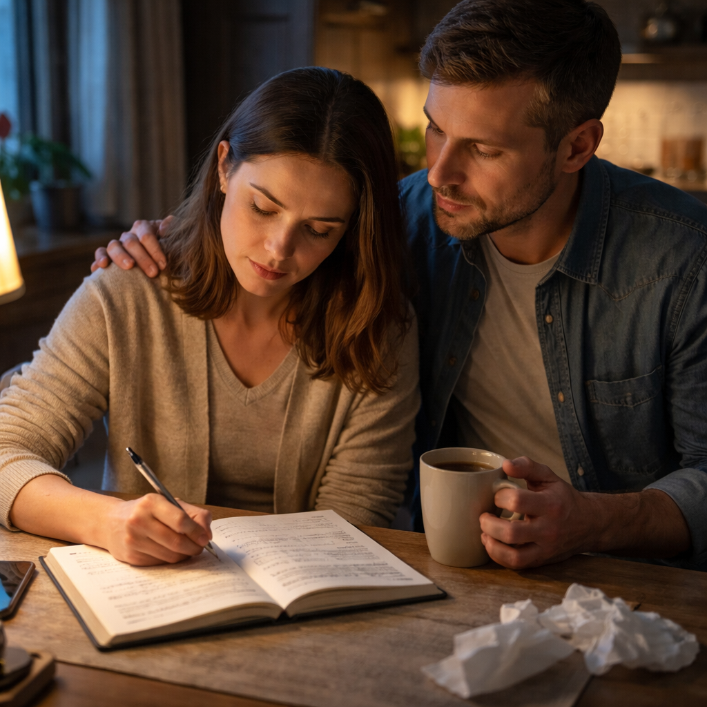 A photorealistic scene of a living room at dusk, a family member sitting at a kitchen table with a notebook open, writing down dates and incidents while a calm, supportive partner holds a cup of tea, soft ambient lighting highlighting the notebook, realistic textures and expressions, reflecting the moment of recognizing the need for professional help. Alt: Recognizing the need for professional help in a family setting, realistic.