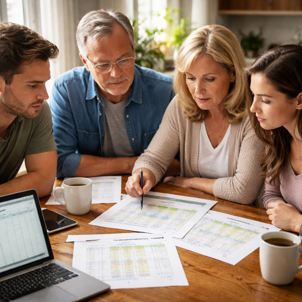 A photorealistic scene of a family gathered around a kitchen table, reviewing printed comparison charts of rehab facilities, with a laptop showing a spreadsheet, soft natural light highlighting the focused expressions. Alt: Family comparing rehab options with a decision matrix on the table