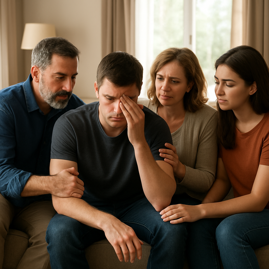 A calm family gathering in a living room with a supportive atmosphere, showing empathy and solidarity. Alt: Family support during intervention