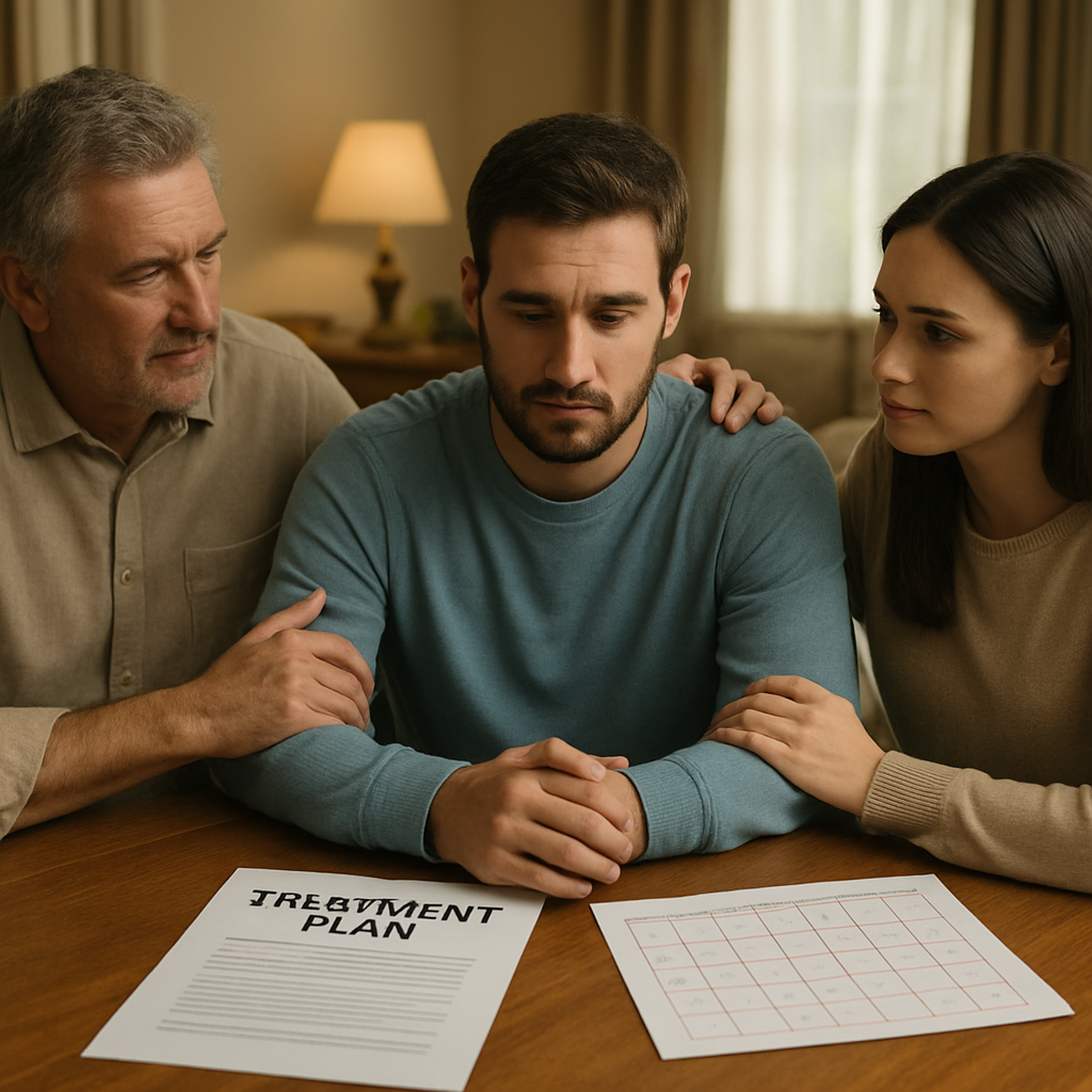A calm, supportive family gathering around a table with a treatment plan and a calendar, in a warm home setting. Alt: Family supporting someone after rehab support session.