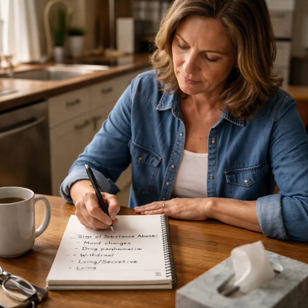 A photorealistic scene of a family member sitting at a kitchen table, writing down signs of substance abuse in a notebook, soft natural lighting, realistic style. Alt: family recognizing rehab signs.
