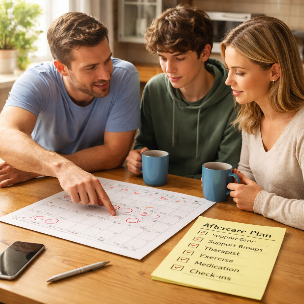 A photorealistic scene of a family sitting at a kitchen table, looking at a simple calendar and a sticky‑note checklist, with a calm atmosphere and natural daylight. Alt: Family planning post‑rehab support schedule.