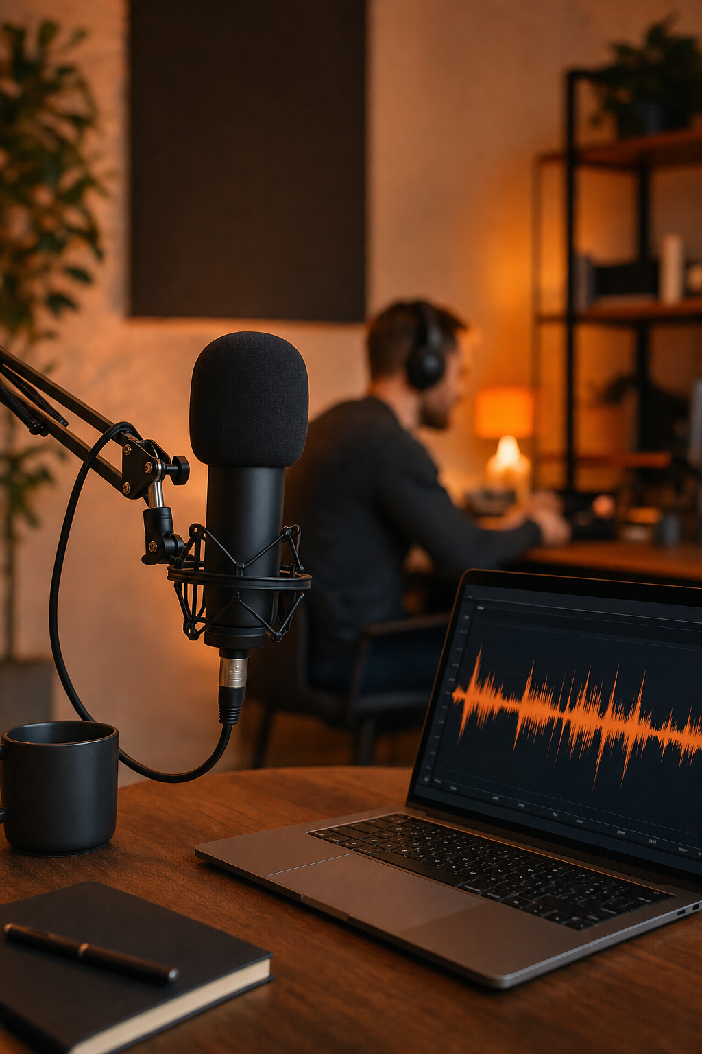 Cinematic shot of a podcast studio setup with warm orange lighting, a professional microphone in focus, and a laptop showing a waveform on screen, with a blurred founder working in the background. Alt: SaaS podcast host recording an episode to attract sponsors.