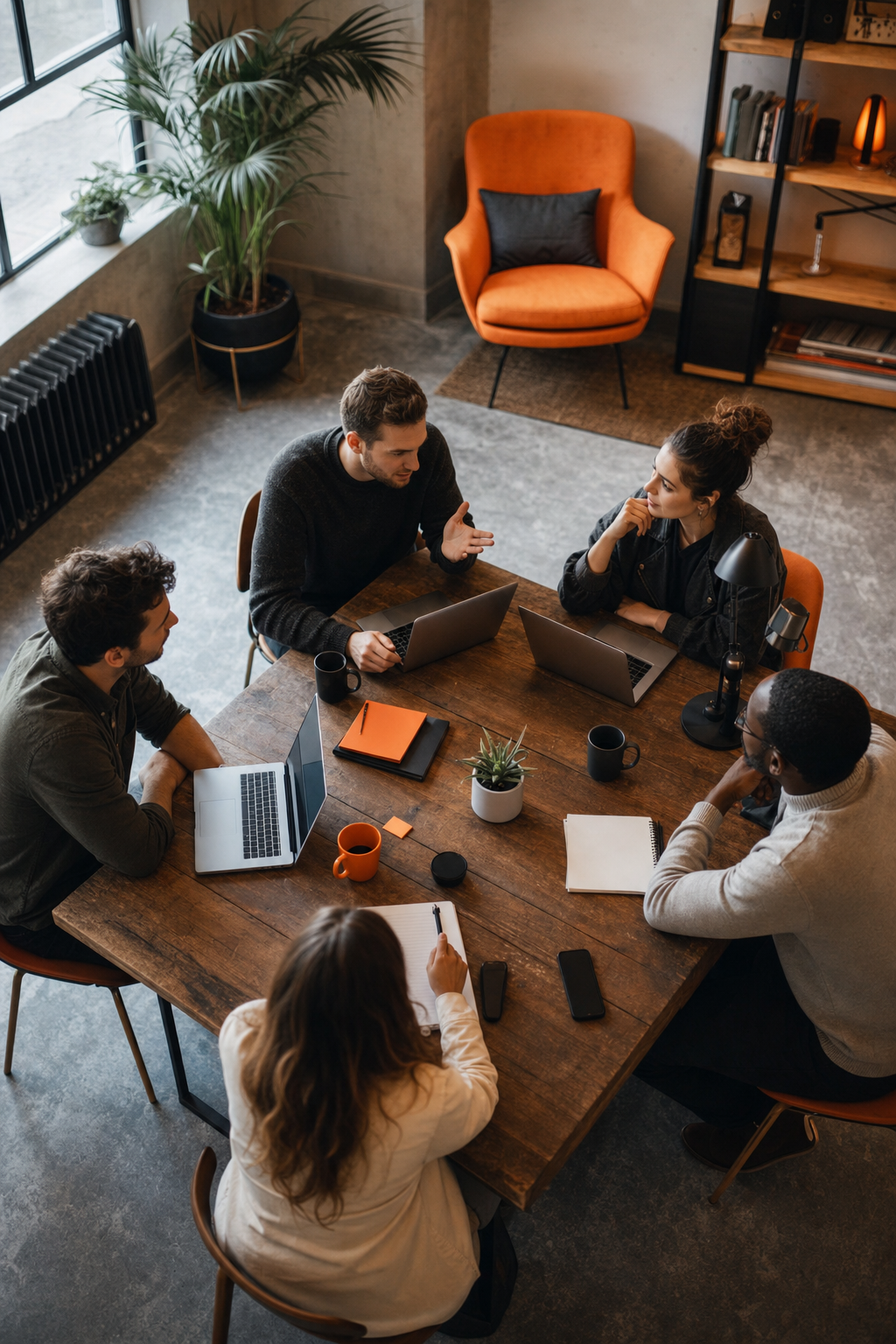 Cinematic top-down view of a small group of founders gathered around a table with laptops and notebooks, collaborating in a well-lit modern co-working space with warm tones and natural light. Alt: SaaS founders in a mastermind group discussing podcast sponsorship opportunities.