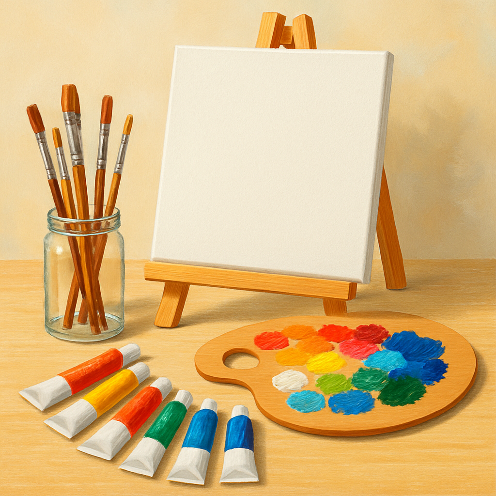 A bright, neatly organized acrylic painting setup featuring brushes, a palette with mixed colors, acrylic paint tubes, and a canvas on an easel. Alt: Beginner friendly acrylic painting materials and setup including brushes, palettes, and canvas.