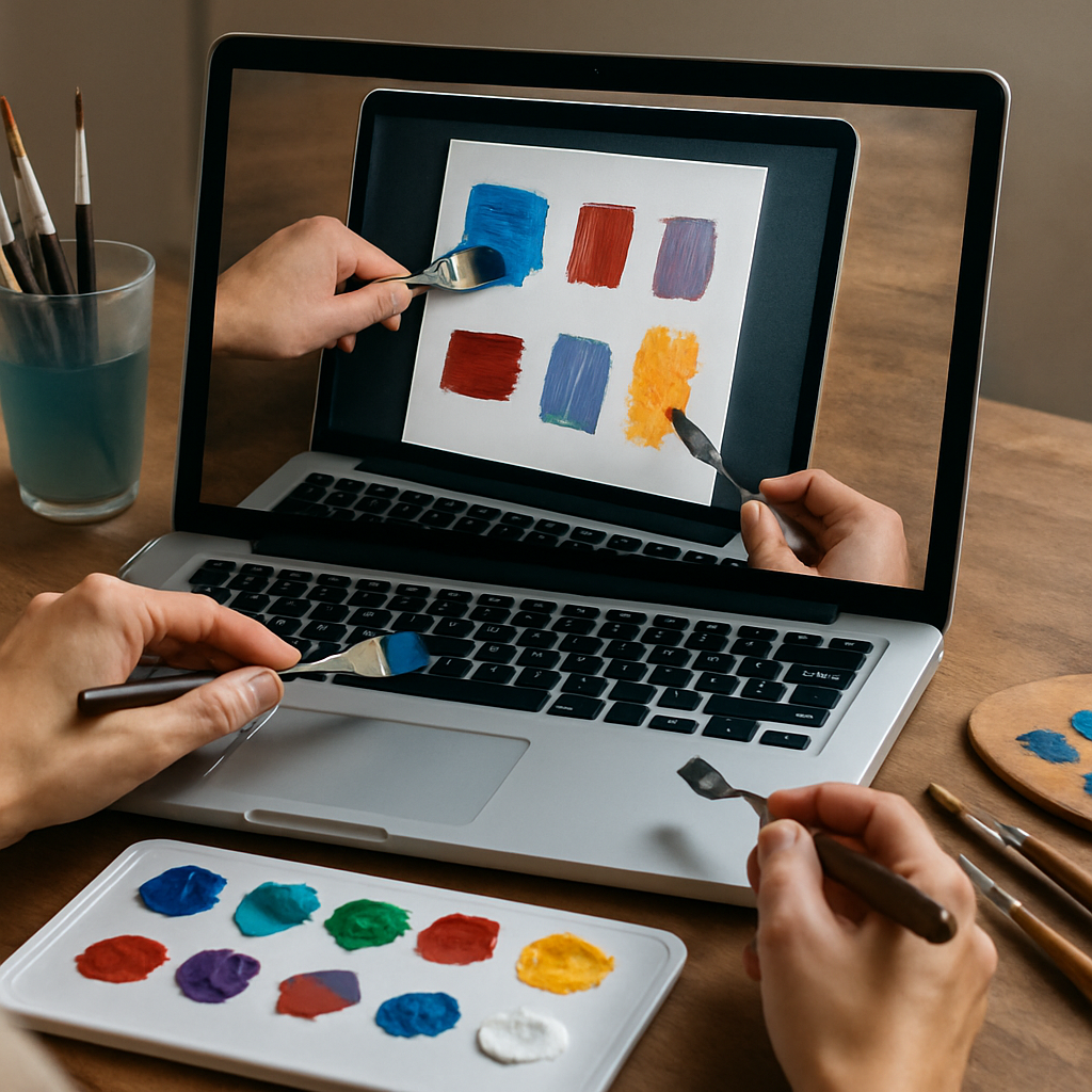 Painter practicing acrylic techniques using brushes and palette knives, shown on a laptop screen displaying online class content. Alt: Improving acrylic painting skills through online acrylic painting classes for beginners.