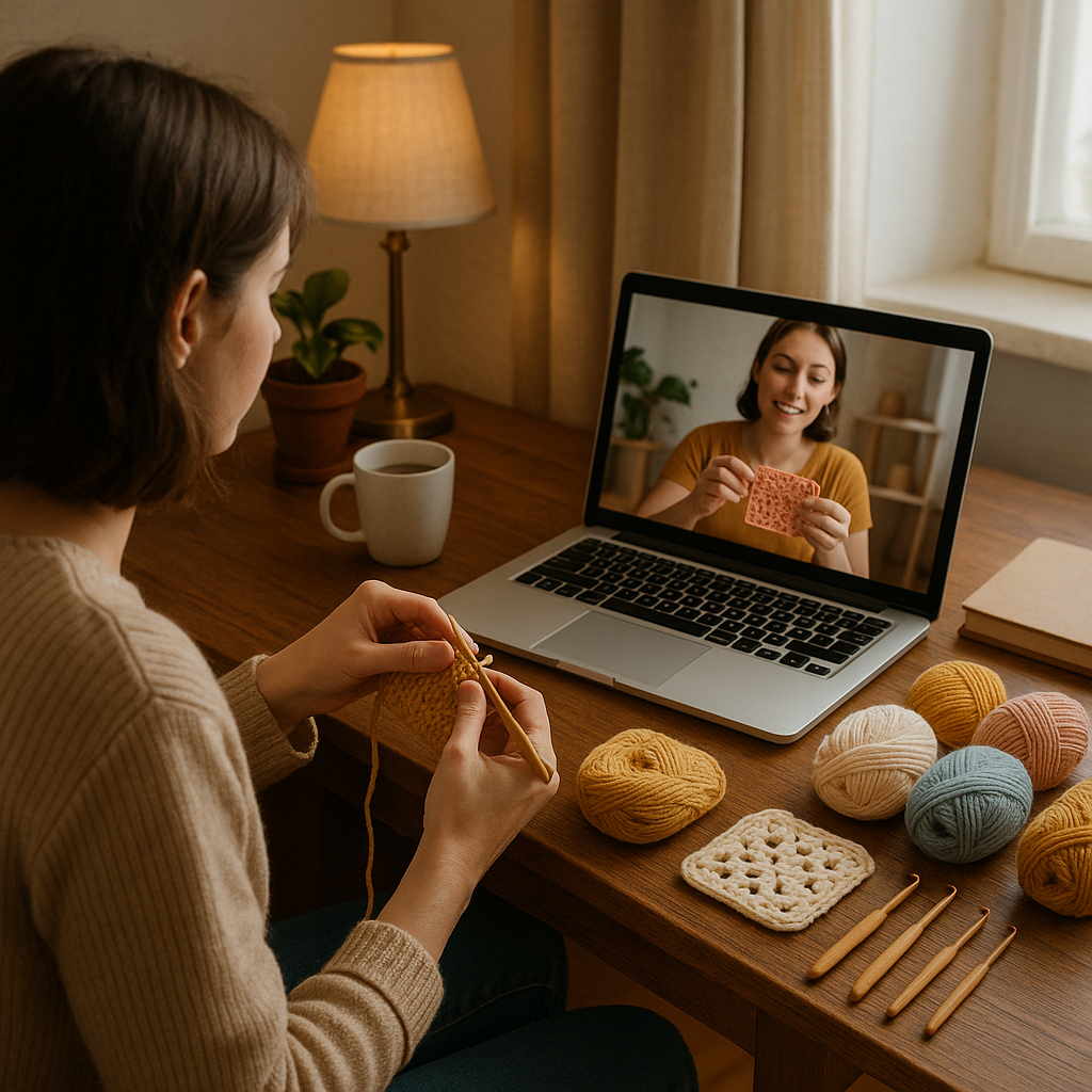 A cozy home workspace with a beginner crocheter watching an online crochet class on a laptop, yarn and crochet hooks laid out neatly. Alt: A learner engaging in online crochet classes for beginners, highlighting comfortable and supportive learning environment.