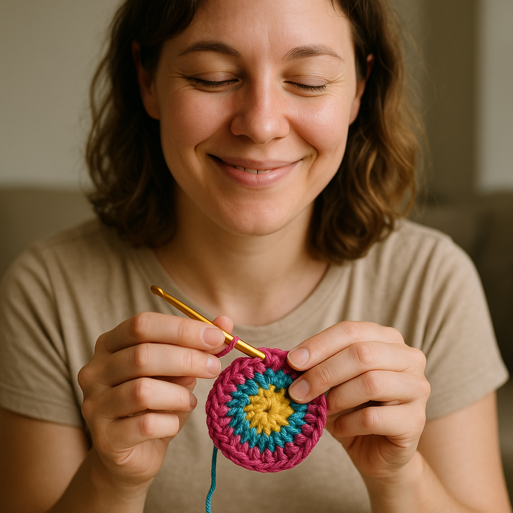 A person crocheting a small, colorful face scrubbie with a relaxed, happy expression. Alt: Beginner crocheter practicing with a simple crochet face scrubby from an online crochet class for beginners.