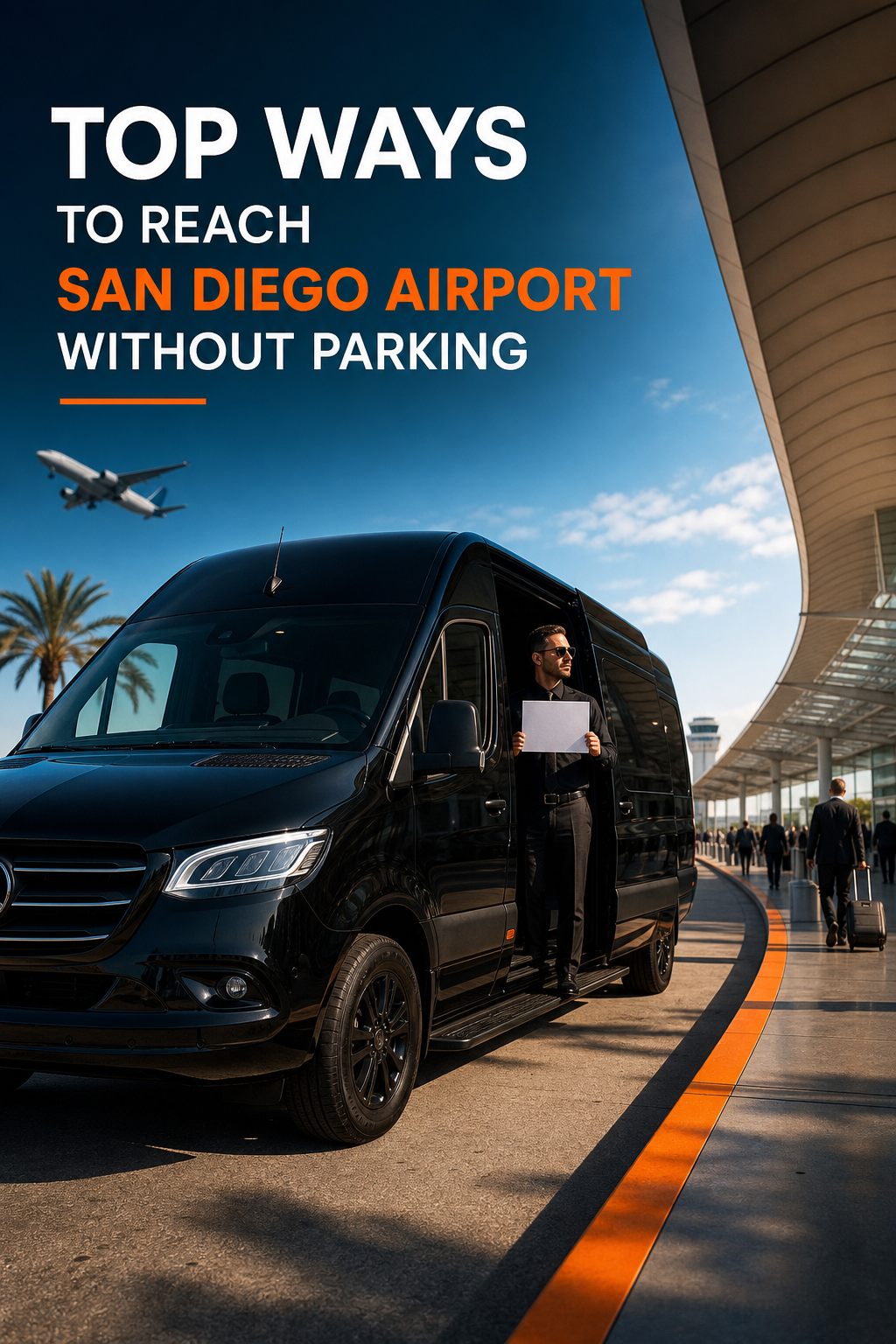 A cinematic view of a sleek black Mercedes Sprinter van pulling up to San Diego International Airport terminal, driver holding a sign with passenger’s name, bright sunny sky, brand color #FF6B00 accent in the signage. Alt: premium airport black‑car service San Diego