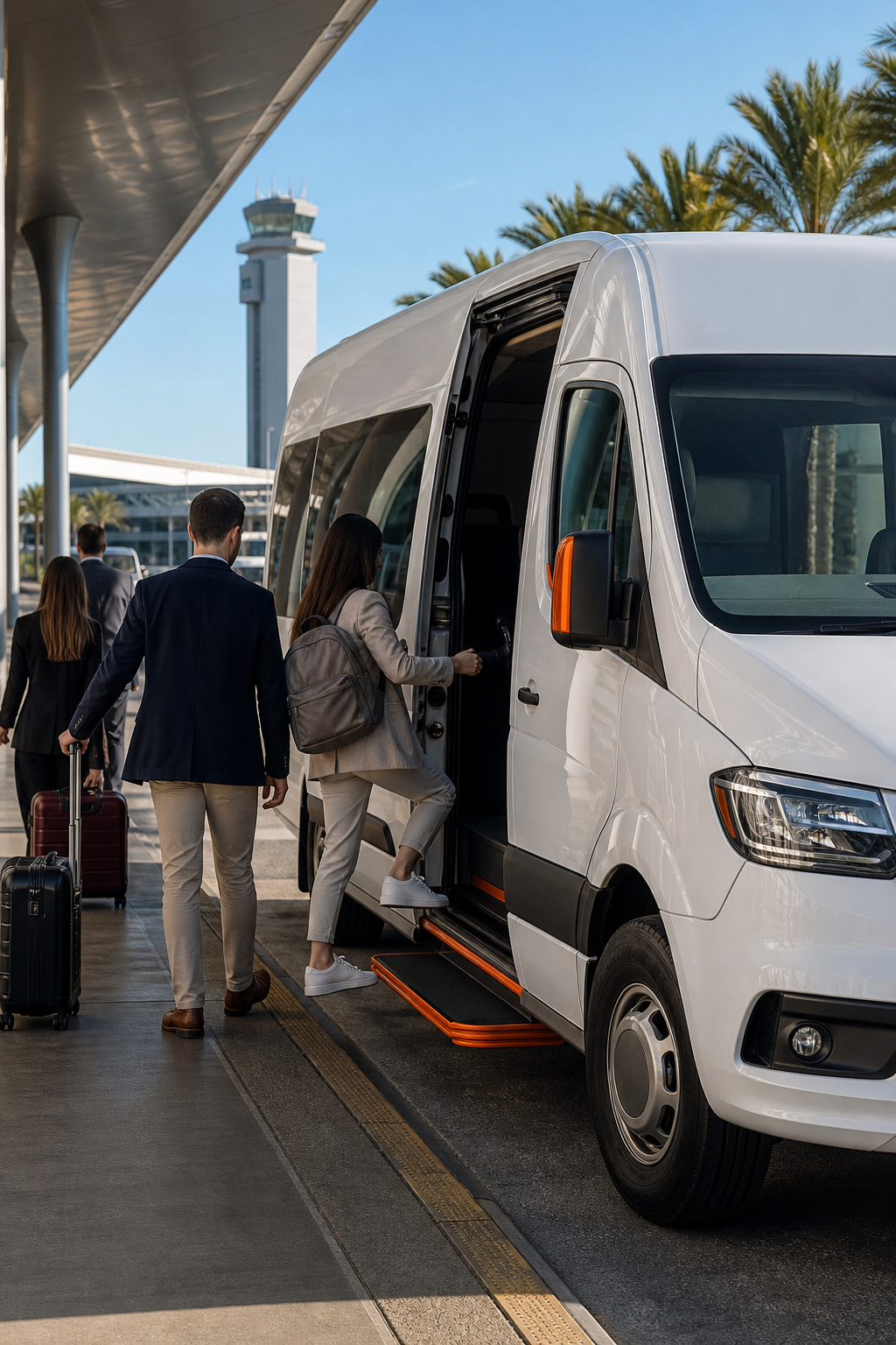 A cinematic scene of a modern white hotel shuttle pulling up to a curb outside San Diego International Airport, passengers with luggage stepping onto the vehicle, bright daylight, brand color #FF6B00 reflected on the shuttle’s trim. Alt: complimentary hotel airport shuttle San Diego