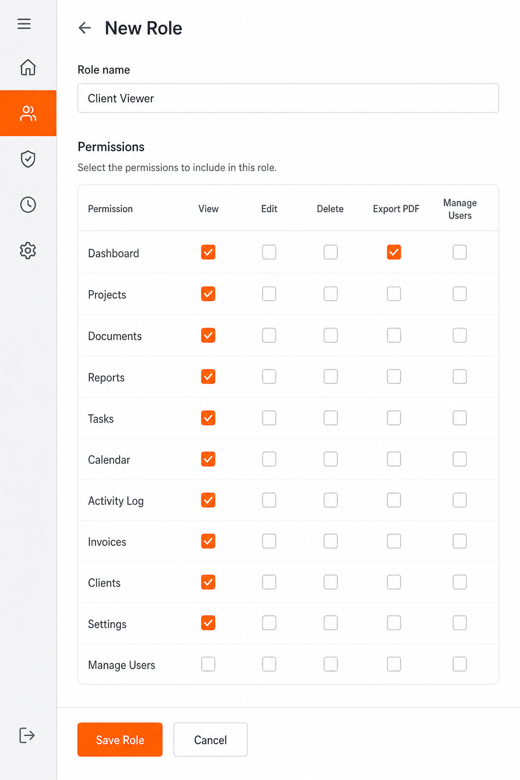 A realistic screenshot of a dashboard settings panel where an admin creates a new role, with the role name 