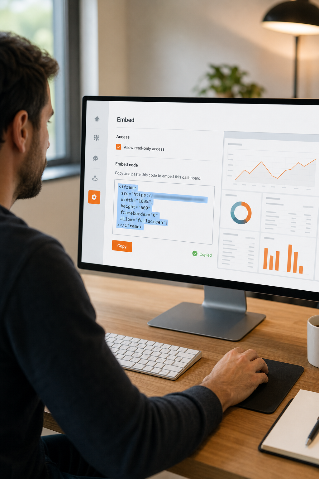 A realistic view of a customized client dashboard showing only relevant metrics, with a clean layout and client logo in the corner. Alt: Customized read-only client dashboard with branded elements.