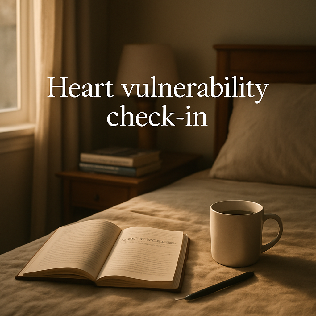 A serene bedroom scene with an open journal, a cup of coffee, and soft morning light, representing a peaceful heart check‑in. Alt: “Heart vulnerability check‑in morning routine”.