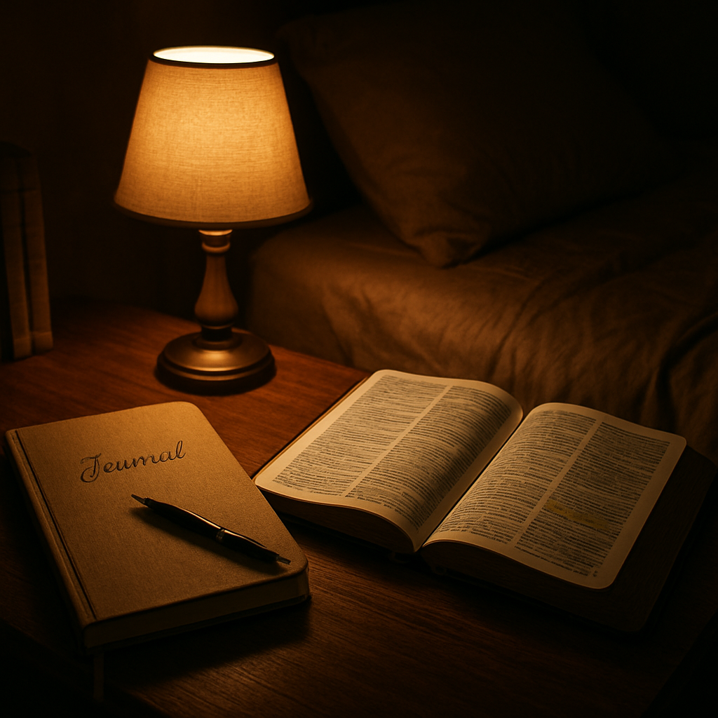 A cozy bedroom scene with a journal, a Bible open to a highlighted verse, and a soft lamp casting warm light. Alt: Nightly spiritual reset practice for heart protection