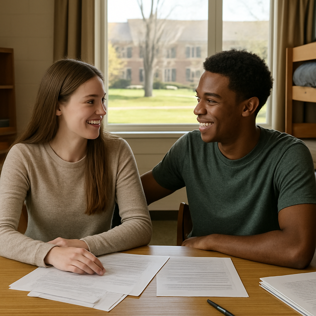 A photorealistic scene of two roommates sitting at a dorm table, papers spread, calm and smiling after resolving a conflict, with a window showing a campus courtyard. Alt: Two college students resolving a conflict collaboratively.