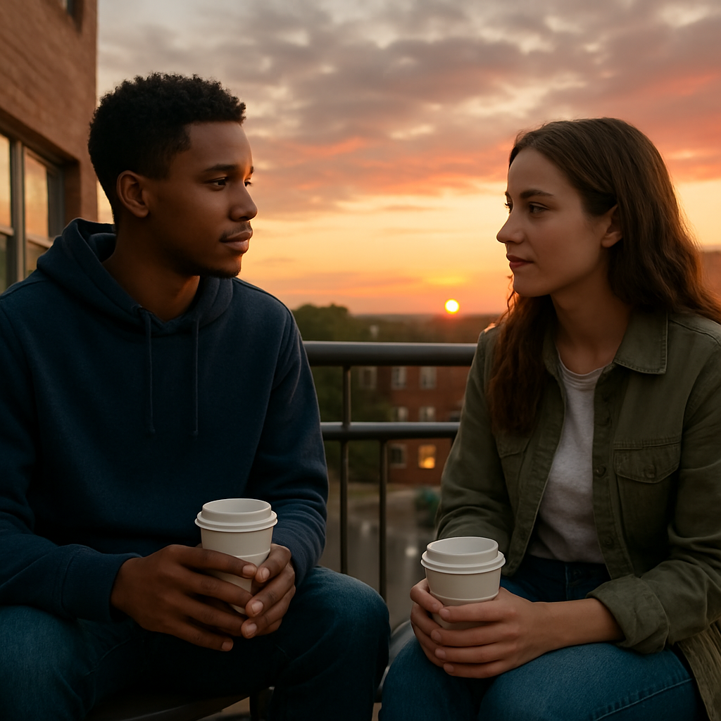 A realistic scene of two college students sitting on a dorm balcony, each holding a coffee, calmly talking with relaxed body language, with a sunset in the background, representing how to handle conflicts maturely. Alt: College students discussing conflict resolution.