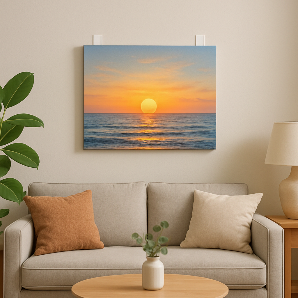 A modern living room wall with a canvas hung using adhesive strips, showing clean paint and no nail holes. Alt: How to hang canvas without nails using adhesive strips
