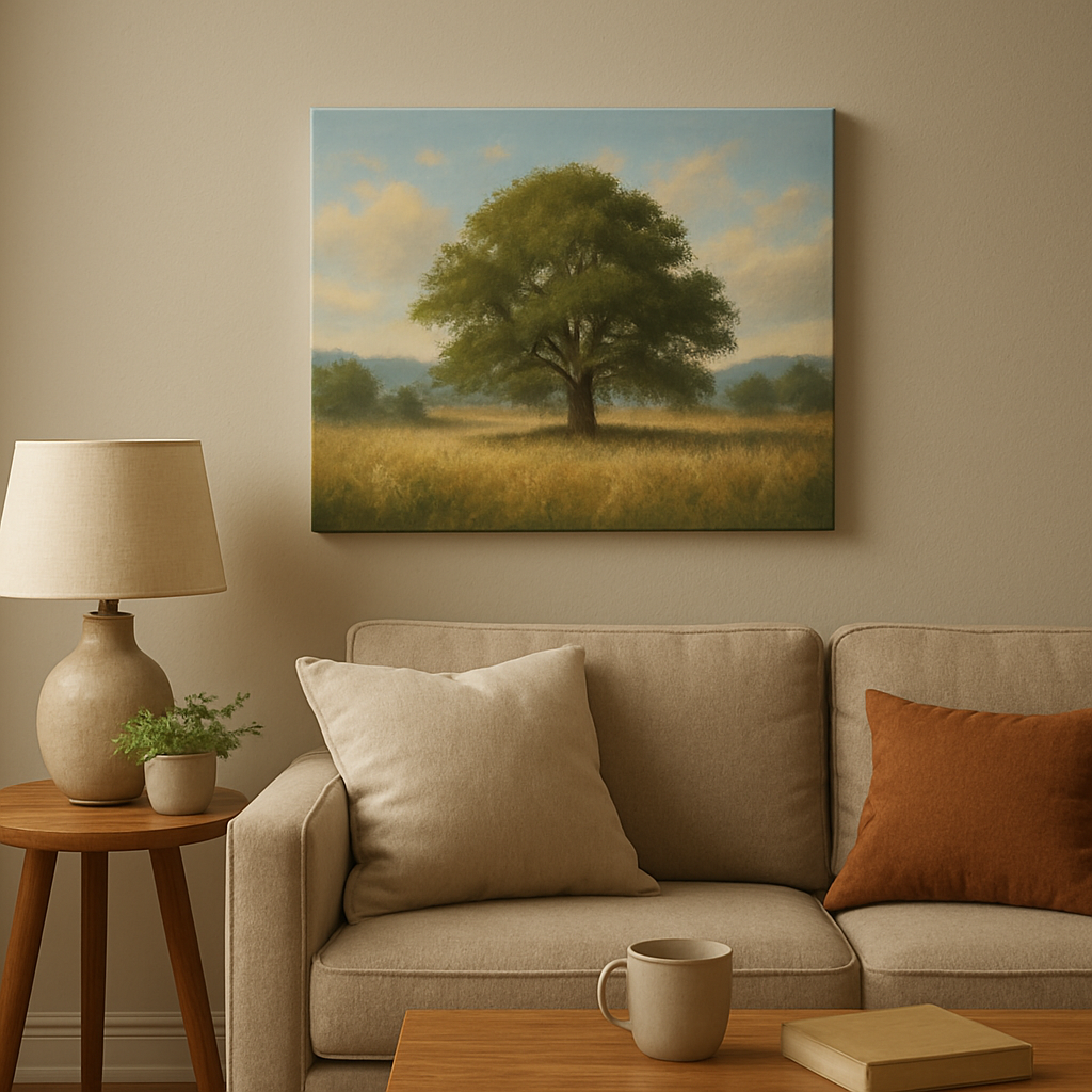 A cozy living room with a canvas hung using a Velcro pad, showing the pad edges barely visible. Alt: How to hang canvas without nails using Velcro pads for a clean, removable display.