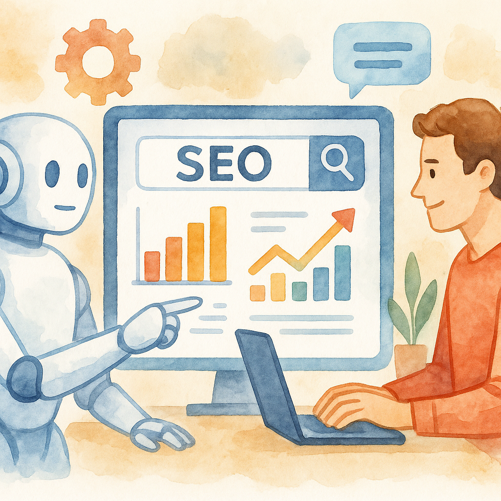 Illustration showing collaboration between AI automation and human SEO specialists working together. Alt: seo autopilot solution for small business showing AI and human teamwork