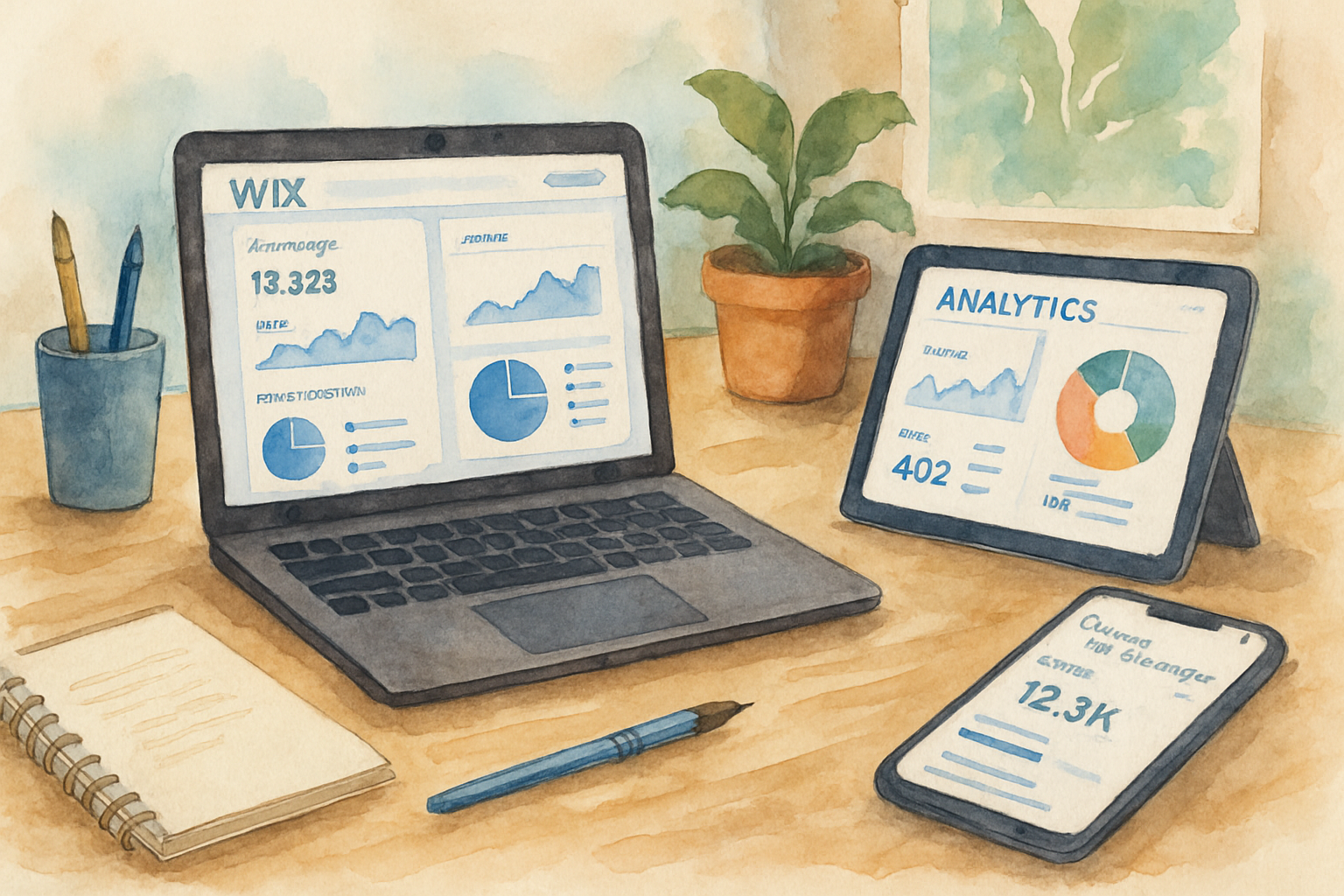 Creative workspace with website analytics dashboards open on multiple devices. Alt: Analyzing Wix website data gathered through Google Tag Manager.