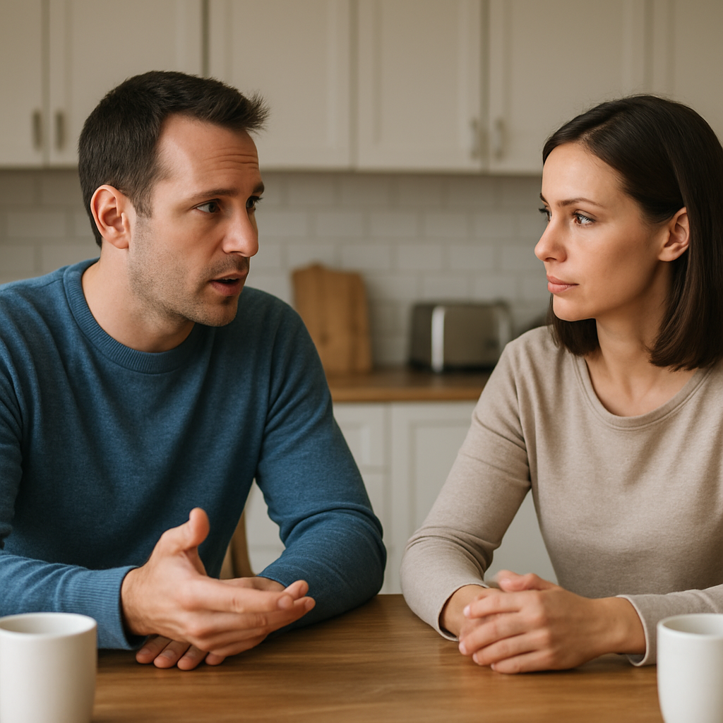 A couple calmly discussing a disagreement at a kitchen table, showing active listening and conflict resolution. Alt: Manage conflict constructively in marriage