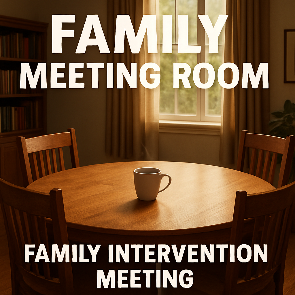 A warm, inviting family meeting room with a table, chairs, and a cup of coffee in the center. Alt: Family intervention meeting setting