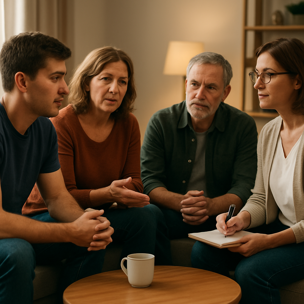 A family sitting around a cozy living room table, each member speaking calmly while a neutral mediator listens with a notepad. Alt: Family intervention in a supportive setting.