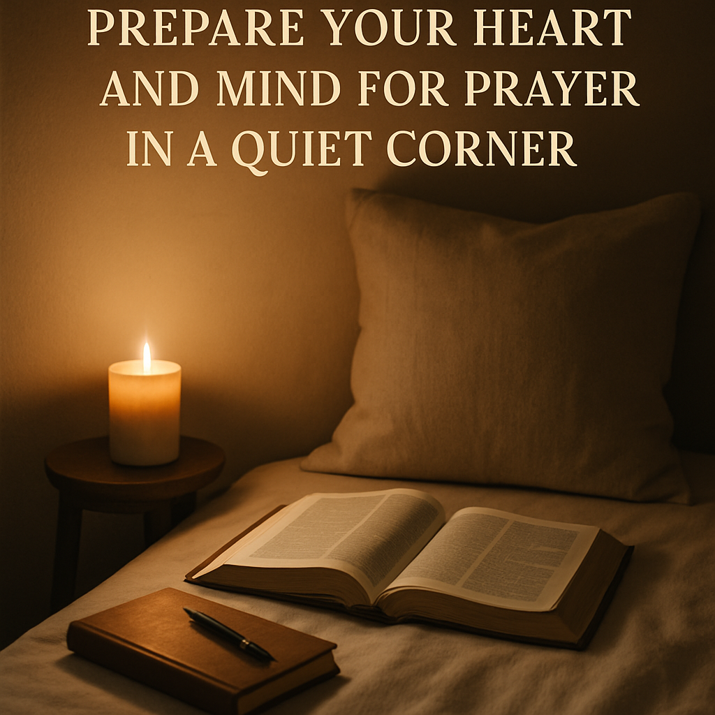 A calm bedroom corner with a candle, open Bible, journal, and a soft pillow, illustrating a peaceful space for heart‑and‑mind preparation. Alt: Prepare your heart and mind for prayer in a quiet corner