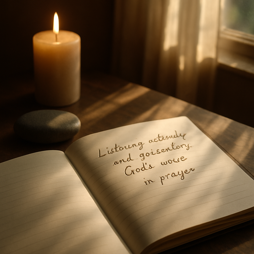A serene corner with a candle, a smooth stone, an open journal, and soft sunlight streaming in. Alt: Listening actively and discerning God’s voice in prayer, with tangible cues and a quiet space.