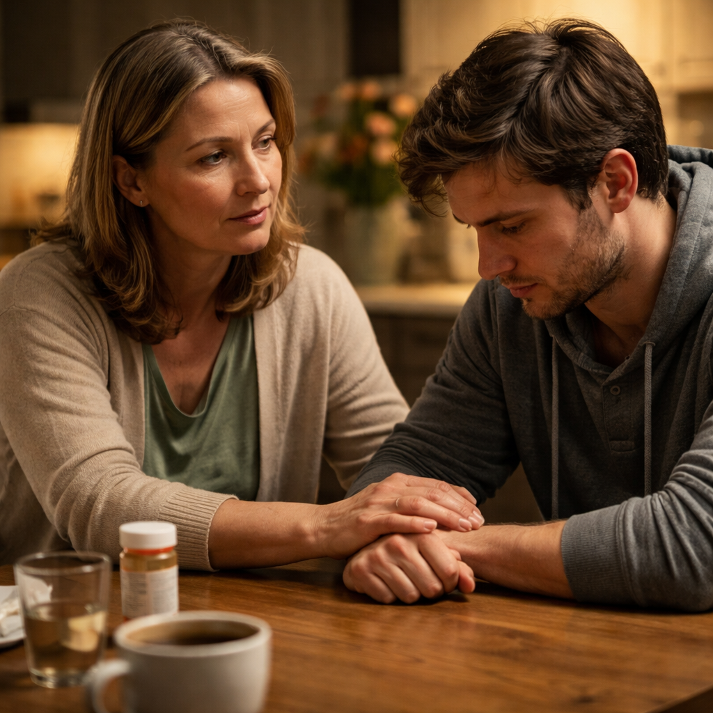A photorealistic scene of a caring family member sitting at a kitchen table with a gentle expression, offering a supportive hand to a loved one who looks vulnerable, warm lighting, realistic style. Alt: Compassionate conversation about opioid addiction support