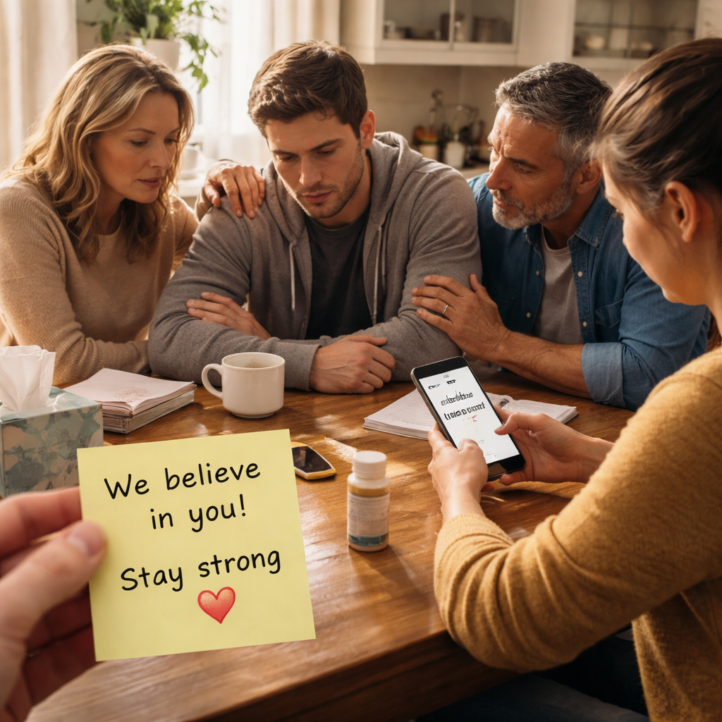A photorealistic scene of a family gathered around a kitchen table, one person holding a sticky note with a supportive message, another typing a comforting text on a phone, soft natural lighting, realistic style, alt: Family building a sustainable support system for opioid addiction
