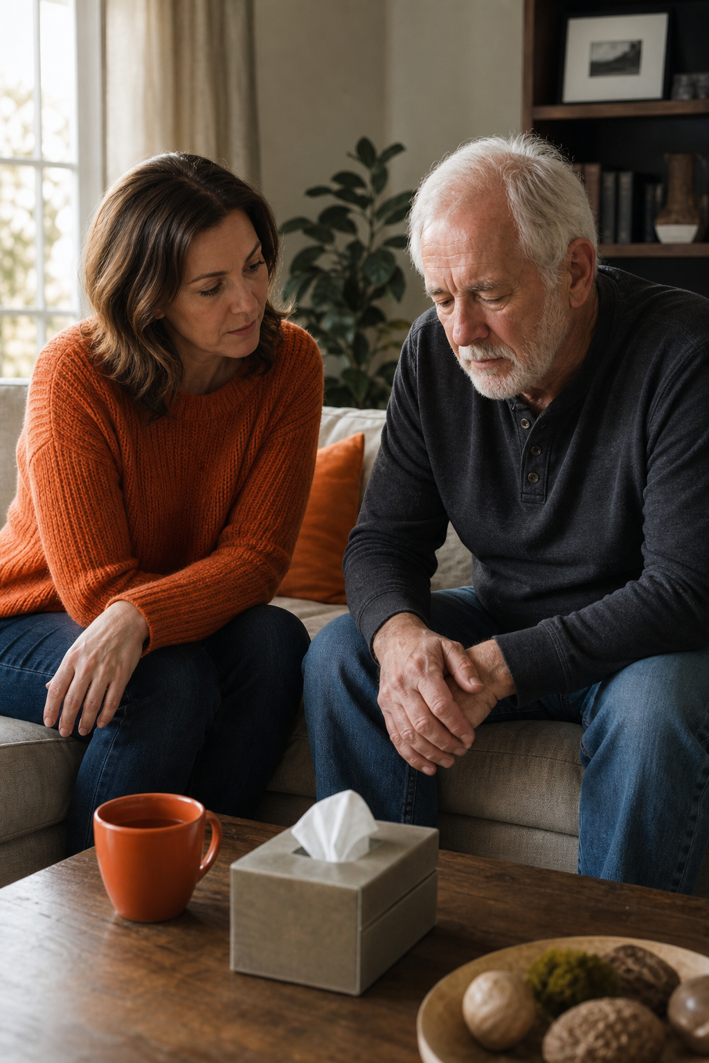A realistic photo of a mid-adult daughter sitting on a couch next to her elderly father, both looking down at a coffee table, with soft natural light from a window, conveying a tense but caring conversation. Alt: Compassionate conversation between adult child and parent after relapse.