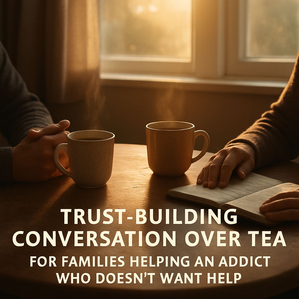 A photorealistic scene of a cozy kitchen table with two cups of tea, a small notebook open, and a gentle sunrise light filtering through a window, illustrating a calm, trust‑building conversation between a family member and a loved one struggling with addiction. Alt: Trust building conversation over tea for families helping an addict who doesn’t want help.
