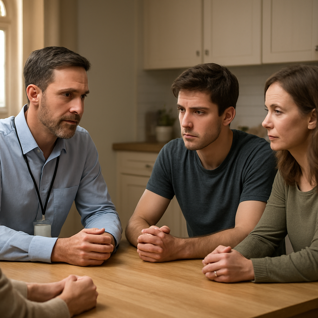 A photorealistic scene of a compassionate interventionist sitting at a kitchen table with a family, calm lighting, the family looking attentive yet hopeful, showing a supportive, professional setting. Alt: Professional intervention helping families navigate addiction when the loved one doesn’t want help.